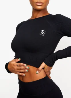 Tops & T-Shirts<Gym King Formation Rib Long Sleeve Crop Tee Black