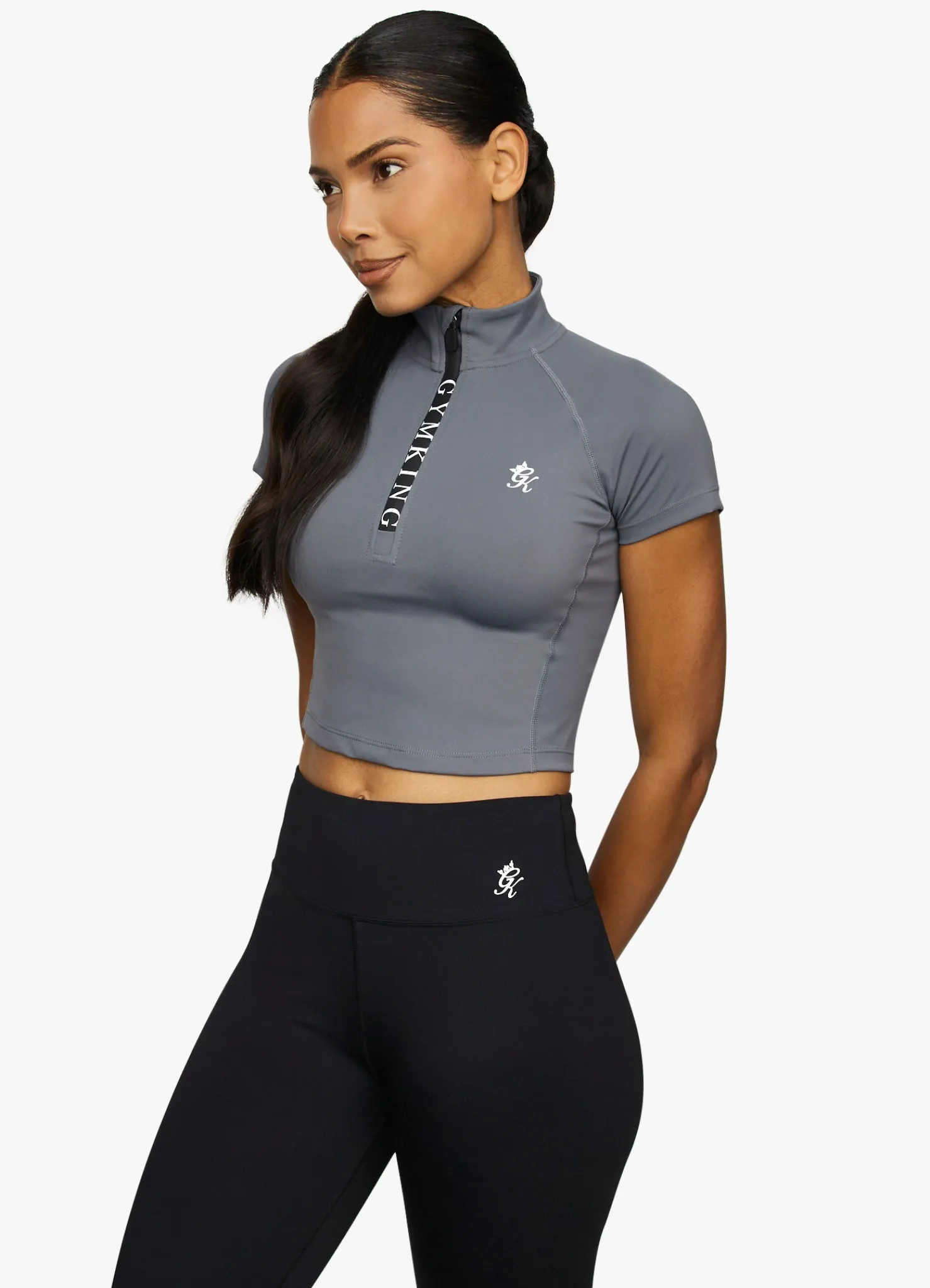 Tops & T-Shirts<Gym King Short Sleeve Taped Crop Funnel Dark Grey