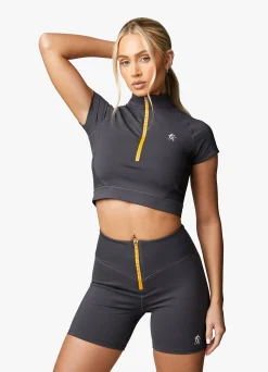 Tops & T-Shirts<Gym King Stamina 1/4 Zip Crop Tee Graphite/Golden Orange