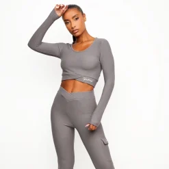Tops & T-Shirts<Gym King Transition Rib Long Sleeve Crop Gun Metal