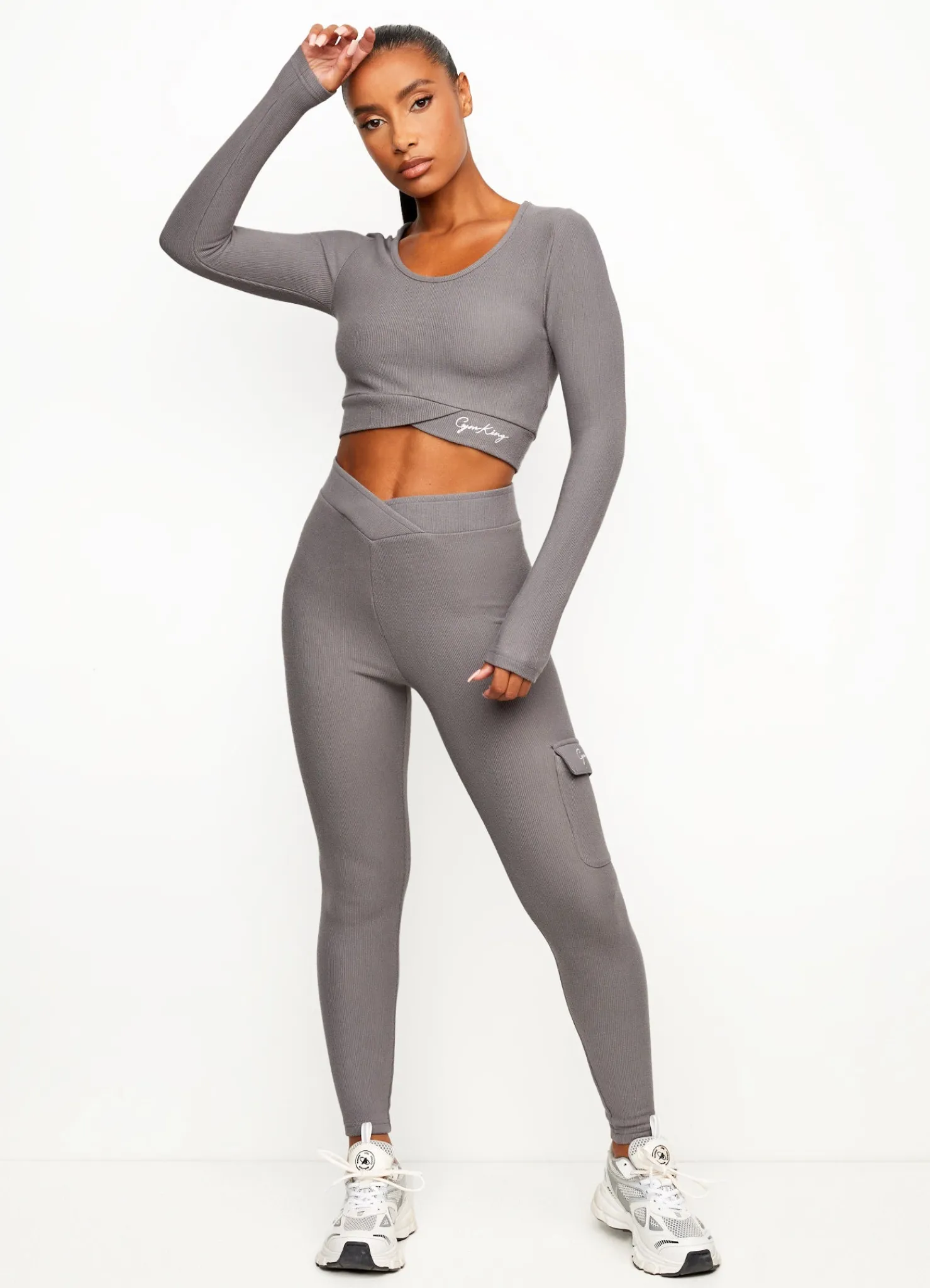 Tops & T-Shirts<Gym King Transition Rib Long Sleeve Crop Gun Metal