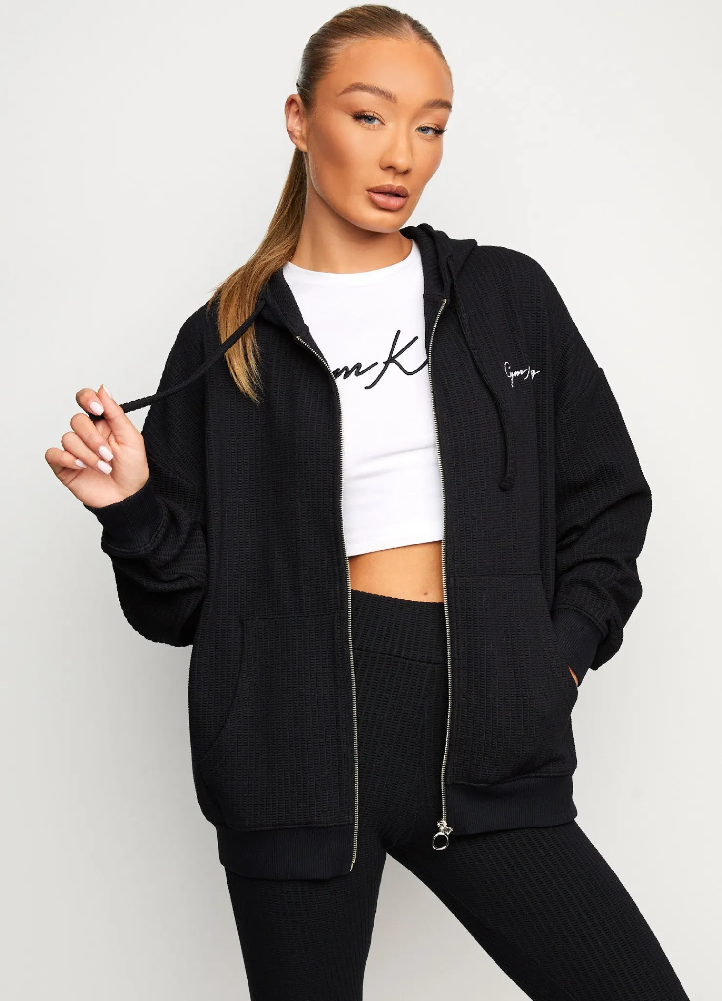 Hoodies<Gym King Waffle Zip Through Hoodie Black